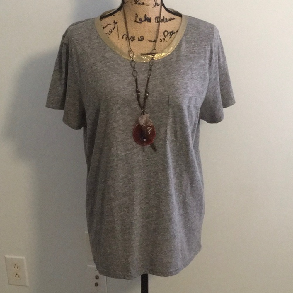 J Crew metallic gold neck trim gray tee - XL